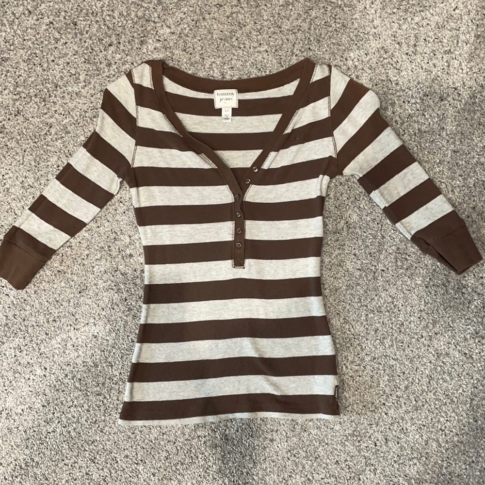 3/4 sleeve striped (brown/gray) Henley shirt